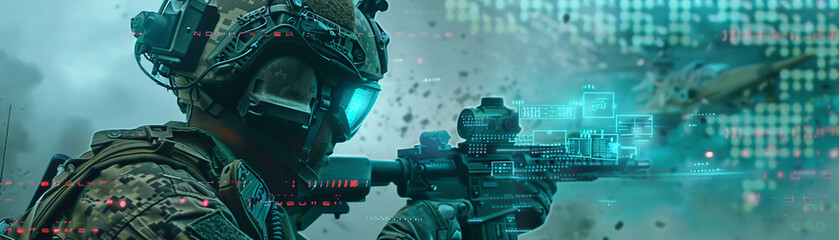 A battlefield soldier using holographic interfaces to access tactical information, blending technology and combat strategy
