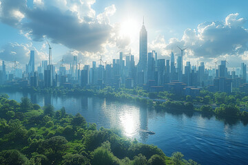 Fototapeta premium A futuristic city skyline adorned with skyscrapers equipped with integrated solar panels and wind turbines. Concept of urban renewable energy integration. Generative Ai.