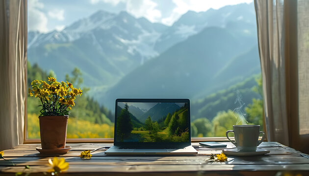 Workspace with laptop and coffee on wooden table with nature mountain background.
