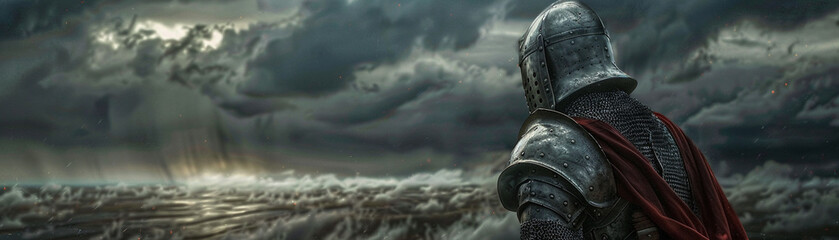 A formidable warrior in armor overlooks an ominous landscape, the calm before the storm in a historic battlefield - obrazy, fototapety, plakaty