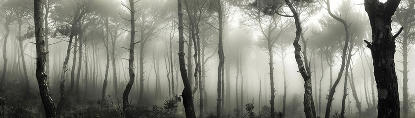 A monochrome forest shrouded in mist, where each tree adds to the deepening mystery of the wild - obrazy, fototapety, plakaty