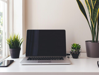 Fototapeta premium A minimalist workspace with a sleek laptop on a clean desk, embodying simplicity and functional design