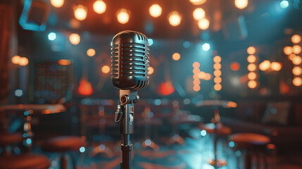 A music stage adorned with a vintage microphone, ready to relive the retro music era