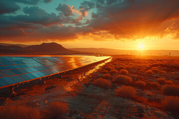 A desert landscape hosting a massive concentrated solar power plant, utilizing mirrors to generate heat for electricity production. Concept of solar thermal energy. Generative Ai. - obrazy, fototapety, plakaty