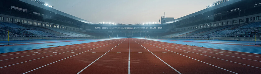 A serene, empty stadium showcasing a running track bathed in the gentle light of dusk, waiting in quiet anticipation