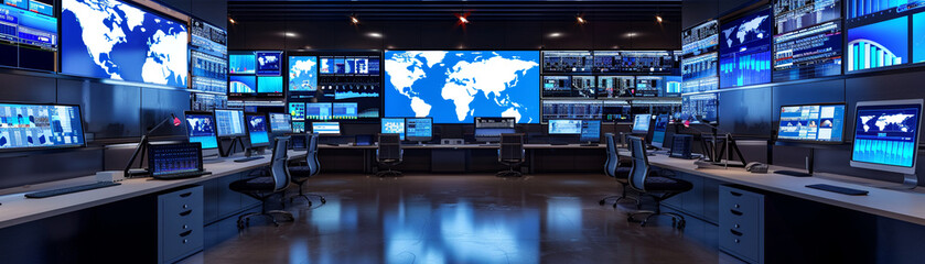 A sophisticated media room where multiple screens display an array of global news, ensuring comprehensive information coverage
