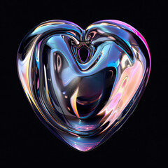 Neon fluid forms liquid metallic heart shape isolated on black background.