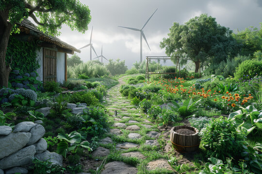 A community garden thriving beneath the shade of wind turbines, illustrating the compatibility of renewable energy with agriculture.  Generative Ai.