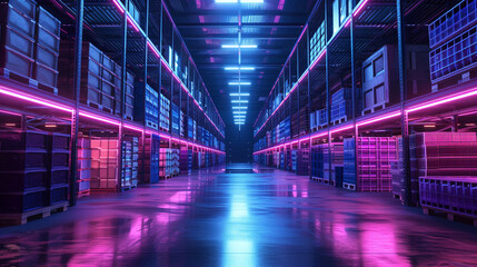 A warehouse under neon lights, showcasing a seamless blend of advanced inventory systems and efficient logistics - obrazy, fototapety, plakaty