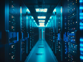 Blue-lit servers in a data center, a visual representation of powerful and sophisticated technology
