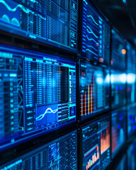 Fototapeta premium Blue tinted screens displaying intricate data for analysis, vital tools in digital research technology