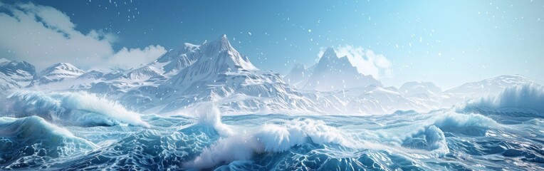 A beautiful blue ocean with snow-capped mountains in the background