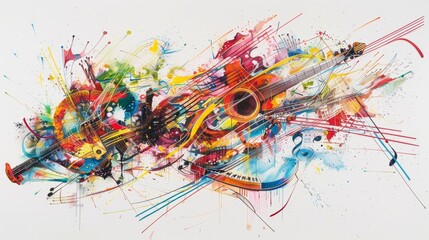 A colorful painting of a guitar with a black circle in the middle