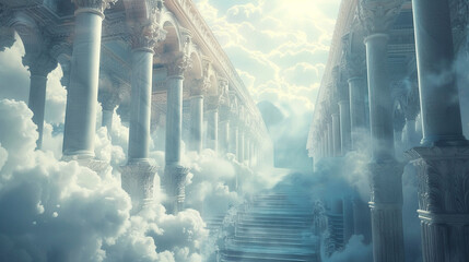 Columns framing a grand stairway, as light filters down through soft clouds, creating an otherworldly journey - obrazy, fototapety, plakaty