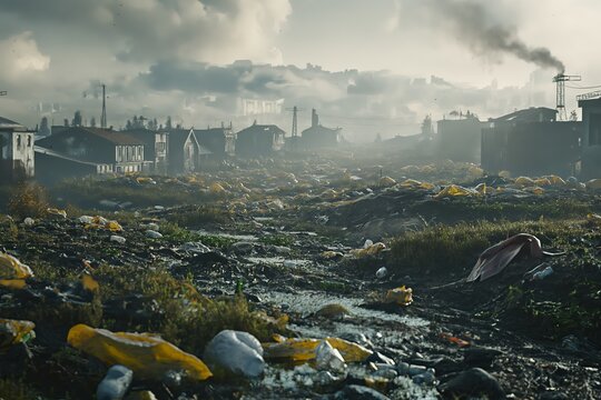dystopian futuristic countryside landscape with power plants in the background, sad landscape with trash laying everywhere as the worst case in the environmental development in the future