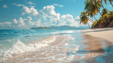 Fototapeta premium A serene beach scene, with palm trees swaying in the breeze and turquoise waters lapping at the shore
