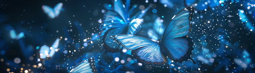 Ethereal butterflies with sparkling wings in a fantasy world, creating a dreamlike and magical atmosphere - obrazy, fototapety, plakaty