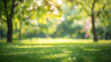 A soft, blurred background of a lush green park with bokeh light effects, creating a serene and tranquil outdoor setting