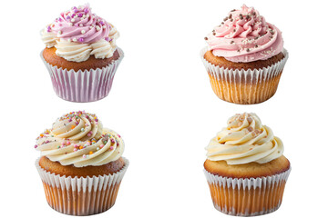 four cupcakes with icing on transparent background 