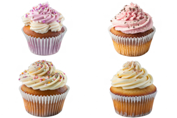 four cupcakes with icing on transparent background 