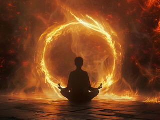 Fire and aura blend in a mystical meditation scene, symbolizing the burning intensity of spiritual practice