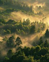 Forest at dawn, the landscape enveloped in mist and the trees aglow with the golden light of sunrise