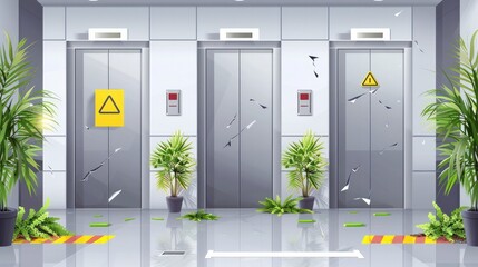 A vector illustration depicting a scene with broken elevator doors in an office or hotel hallway