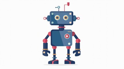 A playful illustration of a cartoonish robot in flat design style, isolated on a white background