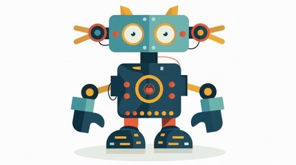 A playful illustration of a cartoonish robot in flat design style, isolated on a white background