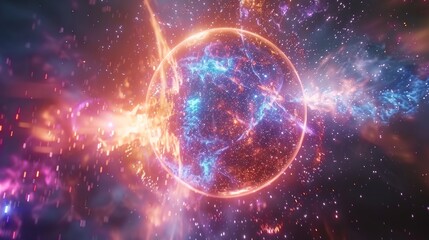 An abstract depiction of bright, glowing particles forming a spherical energy structure in space