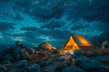 Naklejka premium A nomad's tent pitched beneath a canopy of stars, where dreams roam freely under the open sky. Concept of wanderlust and freedom. Generative Ai.
