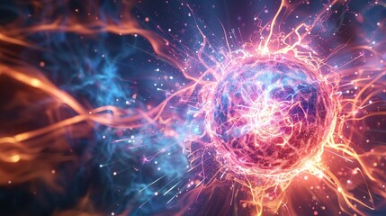 Obraz premium An abstract depiction of bright, glowing particles forming a spherical energy structure in space