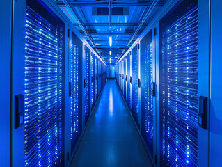 Inside a high-tech data center, servers radiate with blue lights, the heart of modern technological operations