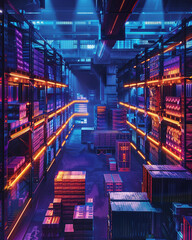 Neon-lit warehouse bustling with inventory activity, a hub of modern logistics and efficiency - obrazy, fototapety, plakaty