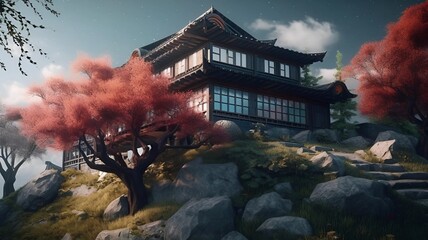 Chinese house. A Chinese house in the mountains. Mountains. Sakura. Traditional Chinese aesthetics harmonized with natural beauty.