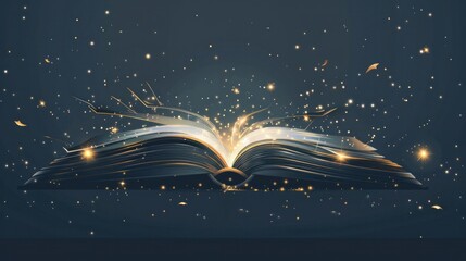 An open book radiates mystery with pages glowing and emitting sparkles and stars