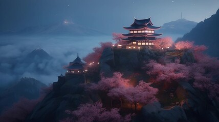 Obraz premium Chinese house. A Chinese house in the mountains. Mountains. Sakura. Traditional Chinese aesthetics harmonized with natural beauty.