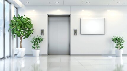 An office hallway featuring an LCD screen floor stand beside both open and closed elevator doors