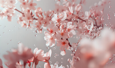 Sakura blossoms surrounded by water drops