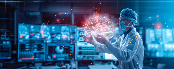 Technology Brain Diagnosis: Doctor Examines Futuristic AI, Robotics & Computer Visualizations for Innovative Medical Science in Virtual Lab