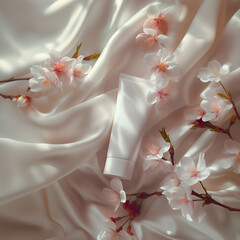 White cosmetic tube mockup laying on a silk drapery, surrounded of sakura branch with flowers. AI generated