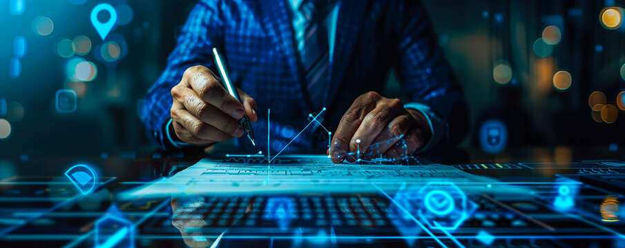 Businessman evaluating digital documents, approving online business data via futuristic virtual interface, male professional using innovative communication tech for remote workflow