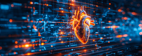 Cardiologist examining patient's heart functions using virtual medical interface - diagnosing cardiovascular disease, healthcare technology - obrazy, fototapety, plakaty