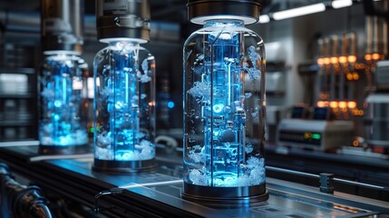 Science fiction flasks in a science lab with mechanical 3d rendering