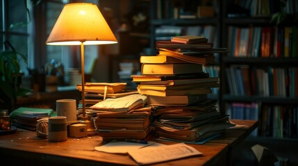 A cozy and somewhat cluttered table with books, supplies, and a glowing lamp, creating a warm, studious atmosphere