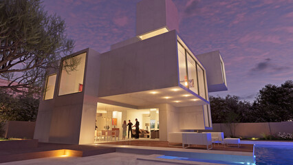 Luxurious modern mansion with pool at twilight - obrazy, fototapety, plakaty
