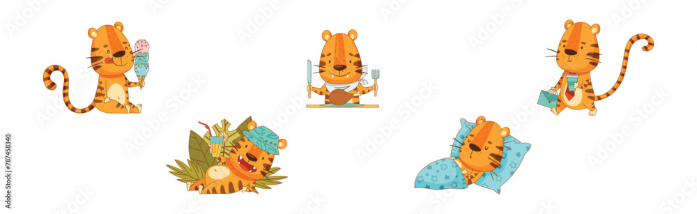 Poster Funny Tiger Predator Jungle Animal with Striped Coat Engaged in Different Activity Vector Set