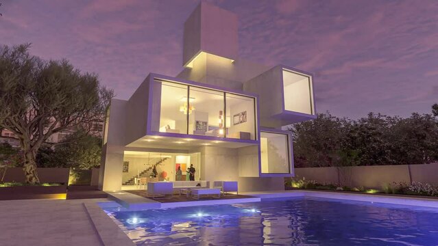 Luxurious contemporary mansion with pool at twilight