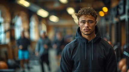 Fototapeta premium African-American male athlete in black hoodie in gym background