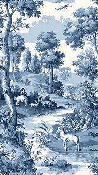 3D vector of French toile patterns depicting pastoral scenes in monochrome blue, classic style,